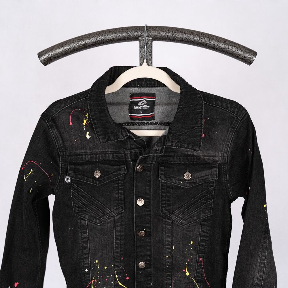 Vintage 90s Y2K Akademiks Women's Denim Jacket SMALL Paint Splatter Streetwear - Picture 2 of 7